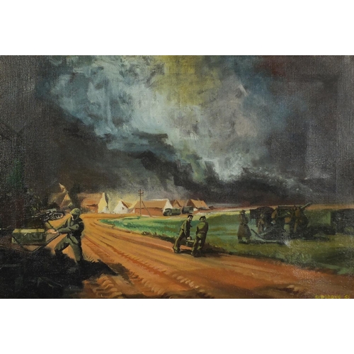 747 - Manner of William Redgrave - Ammo Pumping, inscribed verso, military oil onto canvas, framed, 65cm x... 