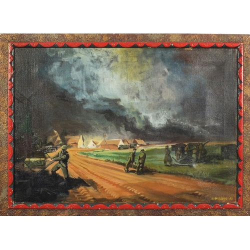 747 - Manner of William Redgrave - Ammo Pumping, inscribed verso, military oil onto canvas, framed, 65cm x... 