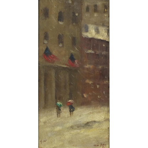 847 - New York snowy street scene, oil on board, bearing a monogram GW, framed, 34.5cm x 17cm