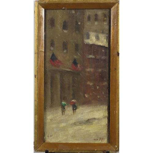 847 - New York snowy street scene, oil on board, bearing a monogram GW, framed, 34.5cm x 17cm