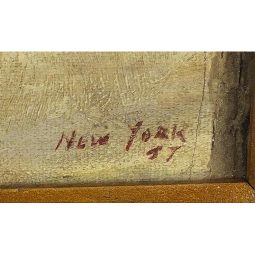 847 - New York snowy street scene, oil on board, bearing a monogram GW, framed, 34.5cm x 17cm