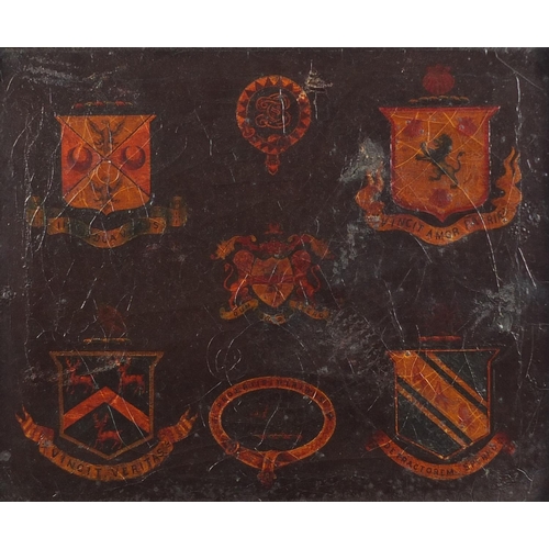 880 - Heraldic crests, antique oil onto canvas, framed, 40cm x 33m