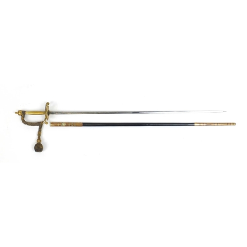 279 - Military interest George V Diplomatic Court sword with scabbard, engraved steel blade and leather ca... 