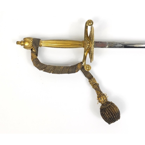 279 - Military interest George V Diplomatic Court sword with scabbard, engraved steel blade and leather ca... 