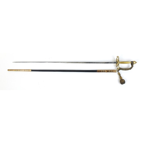 279 - Military interest George V Diplomatic Court sword with scabbard, engraved steel blade and leather ca... 