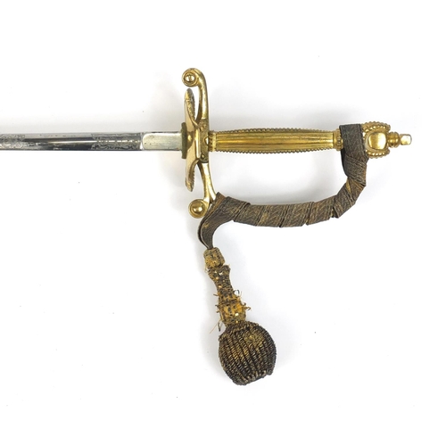 279 - Military interest George V Diplomatic Court sword with scabbard, engraved steel blade and leather ca... 