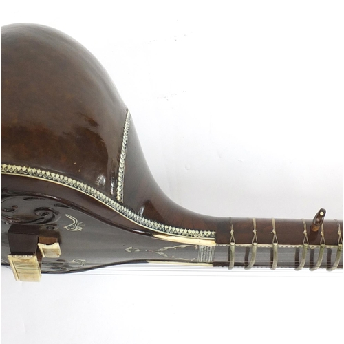 92 - Indian sitar with case, Rikhi Ram New Dehli label, 127cm length