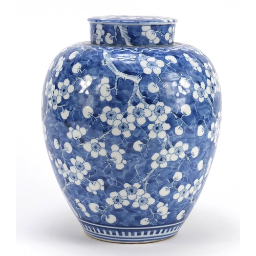 332 - Chinese blue and white porcelain jar and cover, hand painted with prunus flowers, 24cm high