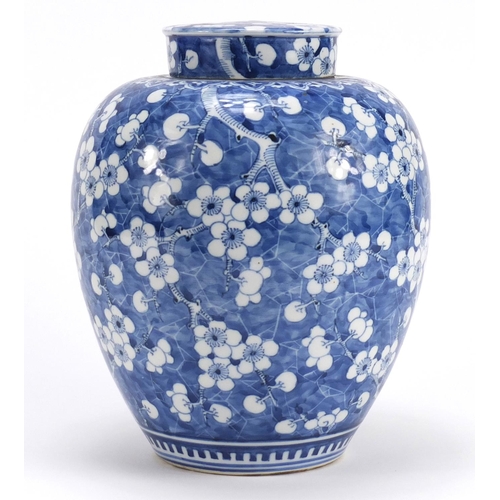 332 - Chinese blue and white porcelain jar and cover, hand painted with prunus flowers, 24cm high