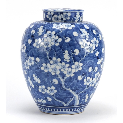 332 - Chinese blue and white porcelain jar and cover, hand painted with prunus flowers, 24cm high