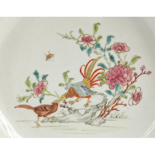 307 - Two Chinese porcelain armorial plates and a soup bowl, each finely hand painted in the famille rose ... 