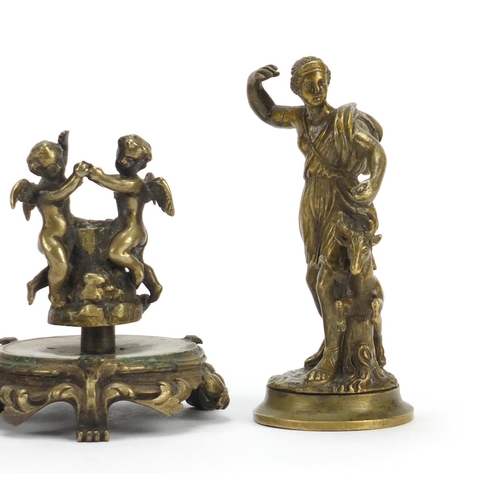 76 - Three classical bronzes including one of Diana the Huntress, 12cm hihh