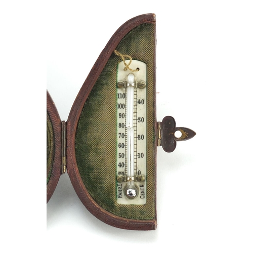 18 - Brass cased pocket barometer by Dixeys, with fitted case and unassociated compass, 9.5cm high