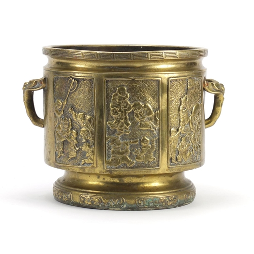 383 - Chinese bronze planter with naturalistic handles, cast in relief with panels of figures, character m... 