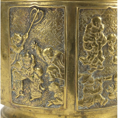 383 - Chinese bronze planter with naturalistic handles, cast in relief with panels of figures, character m... 