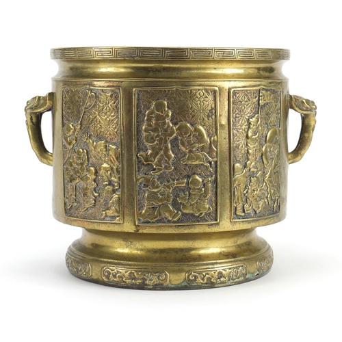 383 - Chinese bronze planter with naturalistic handles, cast in relief with panels of figures, character m... 