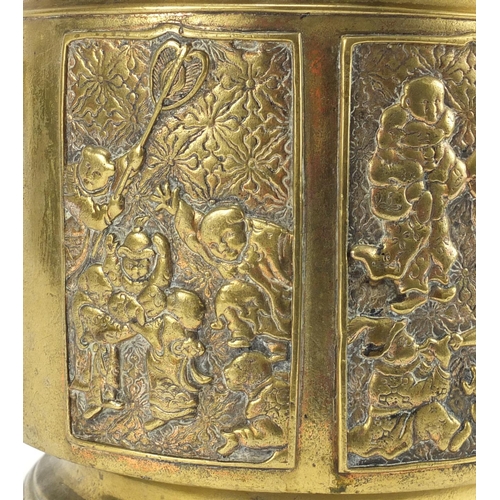 383 - Chinese bronze planter with naturalistic handles, cast in relief with panels of figures, character m... 