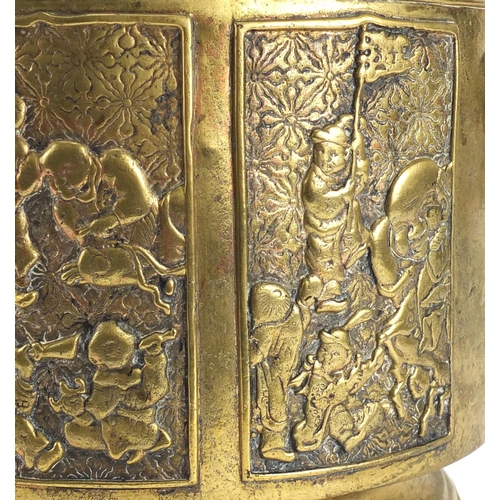 383 - Chinese bronze planter with naturalistic handles, cast in relief with panels of figures, character m... 