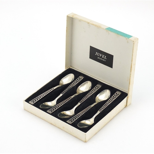 595 - Set of six Norwegian 830S silver teaspoons, housed in a Juvel Prydsolv box, each 11cm in length, 58.... 