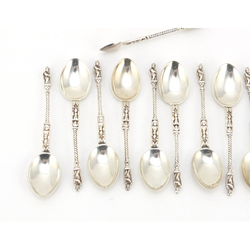 625 - Set of ten Victorian silver apostle teaspoons and matched sugar tongs, the teaspoons London 1890, 10... 