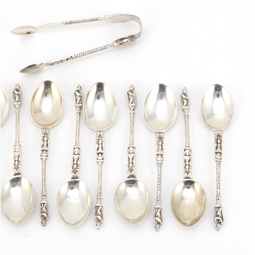 625 - Set of ten Victorian silver apostle teaspoons and matched sugar tongs, the teaspoons London 1890, 10... 