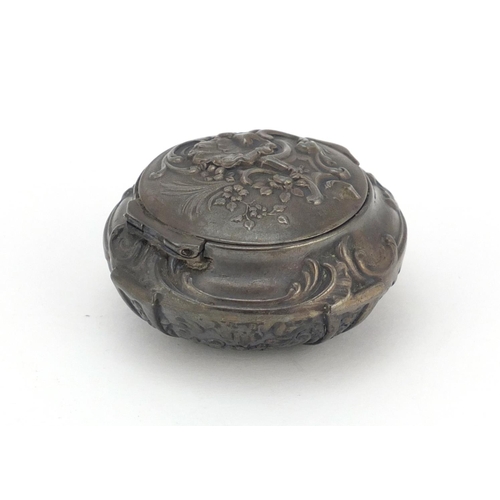 601 - French Art Nouveau silver box with hinged lid, embossed with stylised flowers, impressed marks, 5cm ... 