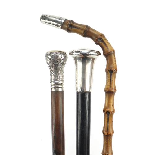 121 - Three silver mounted walking sticks including one with ebony shaft, the largest 93cm in length