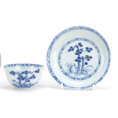 338 - Chinese Nanking Cargo blue and white porcelain comprising a tea bowl and two saucers, two with Chris... 