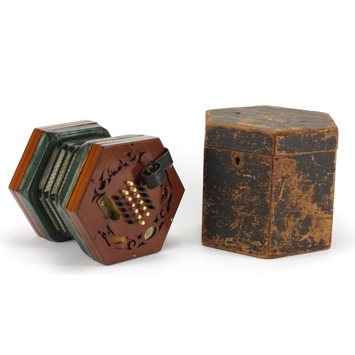 91 - 19th century forty three button Concertina by White Aldagate, London, housed in a wooden  carrying w... 