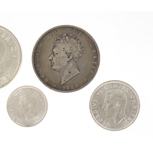 180 - George IV and later British coinage comprising 1825 half crown, George VI 1945 half crown, two one s... 