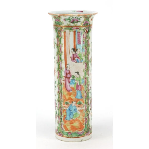 243 - Chinese porcelain cylindrical vase, hand painted with birds of paradise amongst flowers and figures,... 