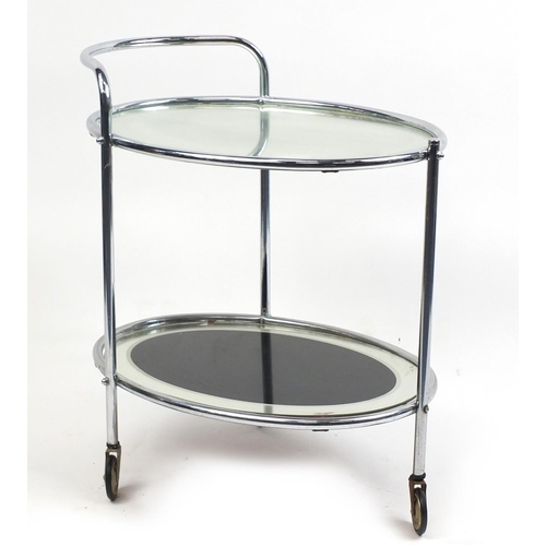 112 - Art Deco chromed oval two tier tea trolley with mirrored glass, 74cm high