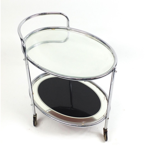 112 - Art Deco chromed oval two tier tea trolley with mirrored glass, 74cm high