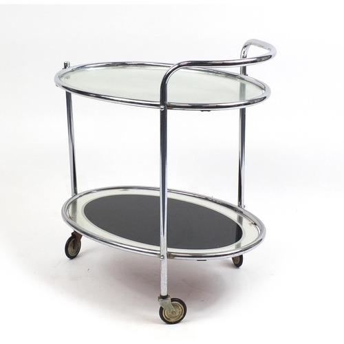 112 - Art Deco chromed oval two tier tea trolley with mirrored glass, 74cm high