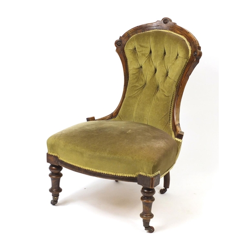 23 - Victorian walnut framed bedroom chair with green button back upholstery, 92.5cm high