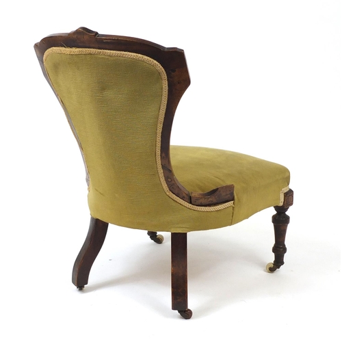 24 - Victorian walnut framed bedroom chair with green button back upholstery, 85cm high