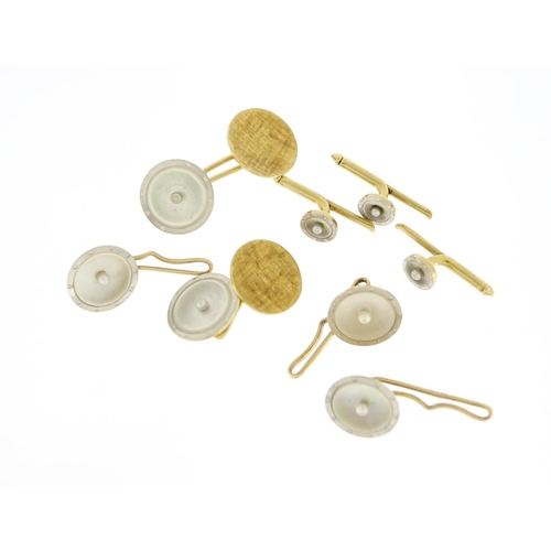 682 - Set of 14ct gold mother of pearl and seed pearl cufflinks, studs and buttons, 16.2g