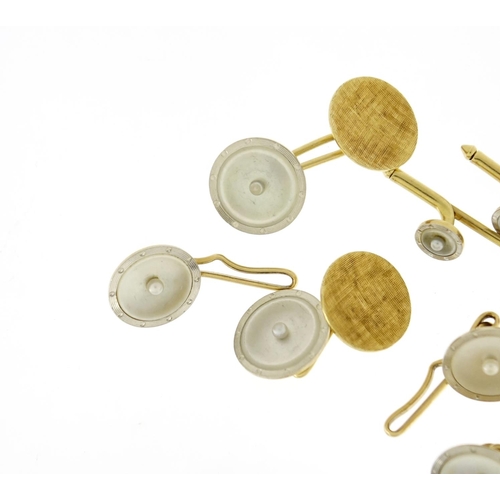 682 - Set of 14ct gold mother of pearl and seed pearl cufflinks, studs and buttons, 16.2g