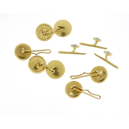 682 - Set of 14ct gold mother of pearl and seed pearl cufflinks, studs and buttons, 16.2g