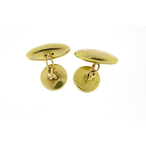 686 - Pair of 18ct gold abalone and seed pearl cufflinks, 2.5cm in length, 6.6g