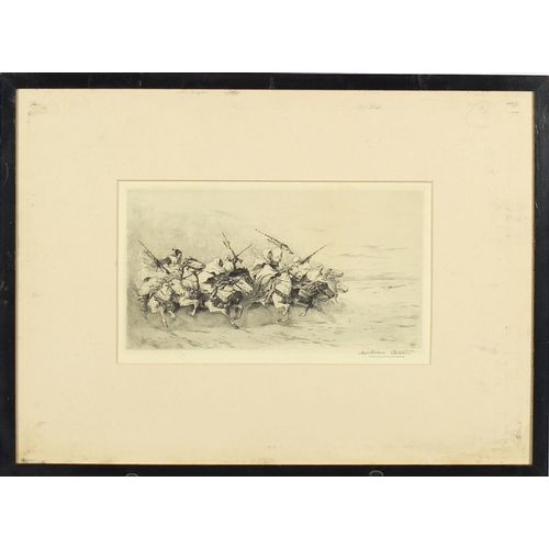 917 - William Ashton - Arabs on horseback, pencil signed black and white etching, mounted and framed, 23.5... 