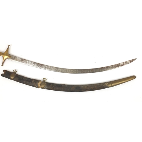 281 - Antique Islamic Shamshir with bone handle, engraved steel blade and scabbard, the Shamshir 98.5cm in... 
