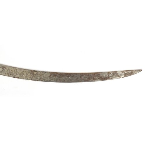 281 - Antique Islamic Shamshir with bone handle, engraved steel blade and scabbard, the Shamshir 98.5cm in... 
