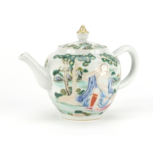 305 - Chinese porcelain teapot, hand painted with two nude European females in a landscape, 14cm high