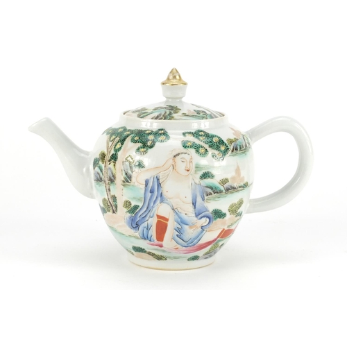 305 - Chinese porcelain teapot, hand painted with two nude European females in a landscape, 14cm high