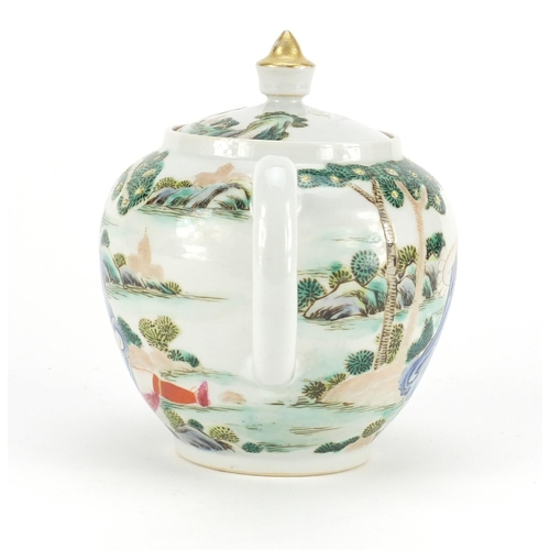 305 - Chinese porcelain teapot, hand painted with two nude European females in a landscape, 14cm high