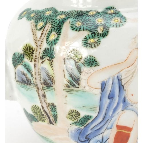 305 - Chinese porcelain teapot, hand painted with two nude European females in a landscape, 14cm high