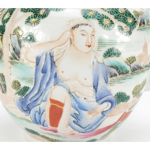 305 - Chinese porcelain teapot, hand painted with two nude European females in a landscape, 14cm high