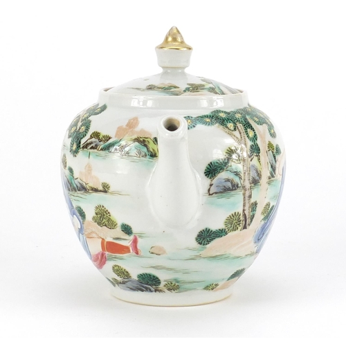 305 - Chinese porcelain teapot, hand painted with two nude European females in a landscape, 14cm high