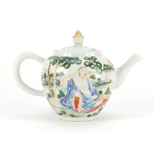 305 - Chinese porcelain teapot, hand painted with two nude European females in a landscape, 14cm high